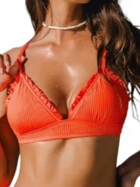Cupshe - Alegria Ruffle Triangle Ribbed Bikini Swim Top - ORANGE